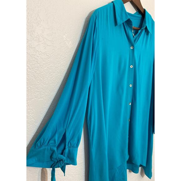 Chico's size 2 Large Blue Asymmetric Hem Button Up Tunic Tie Sleeve Lagenlook - Picture 3 of 7
